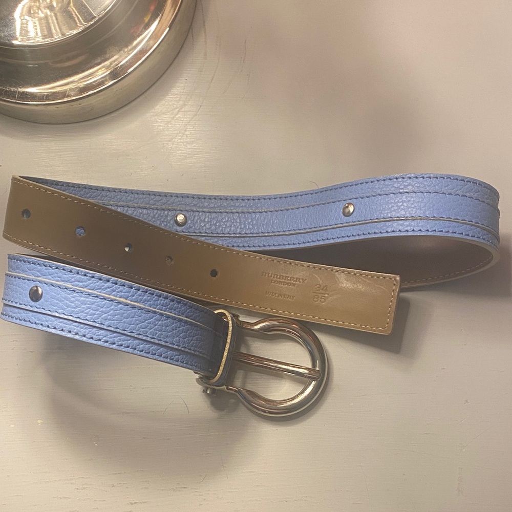 Burberry Light Blue and Tan Leather Belt with Silver Buckle